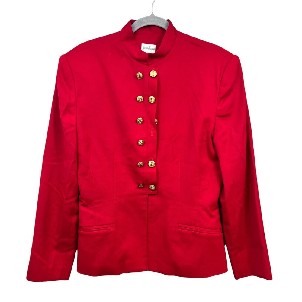 VTG Neiman Marcus Women Wool Blazer Stand Collar Double Goldtone Buttons Red 12*